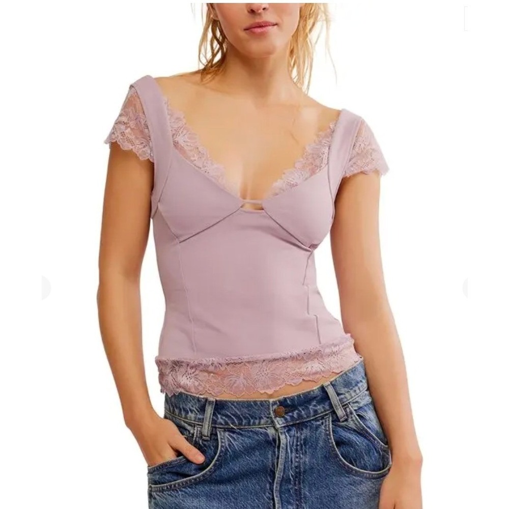 Free People Better Not Lace Trim Cap Sleeve Top DAWN PINK Purple Pink Size L NEW